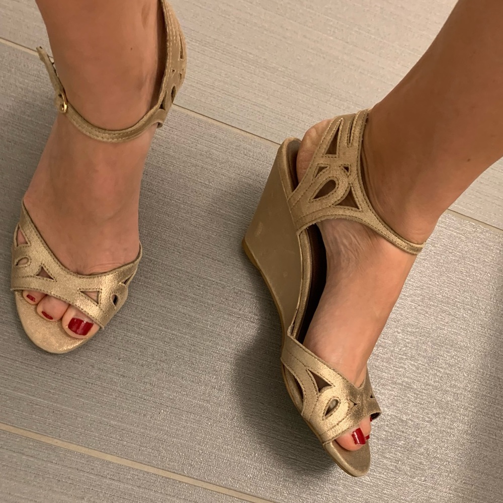 Moda Spana gold shimmer leather cut out wedge heel